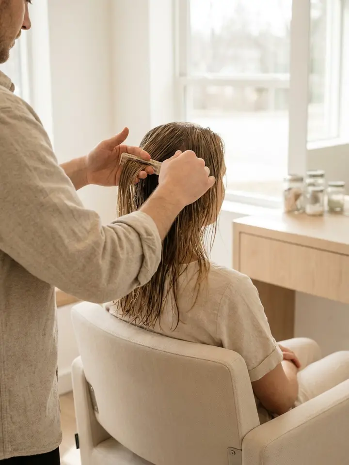 A stylist combing through a client’s damp hair in a daylit salon