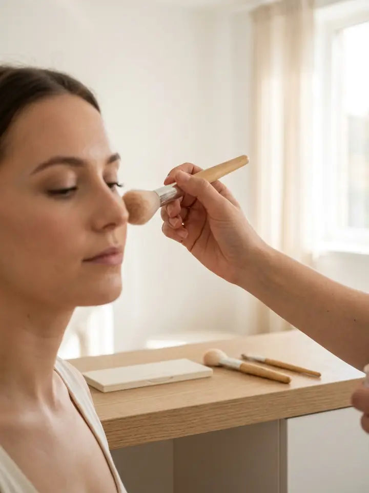 A makeup artist sweeping a brush along a client’s cheekbone